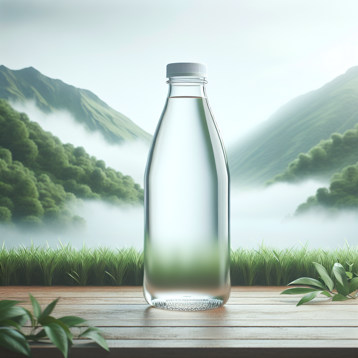 A clear glass water bottle with a bamboo lid, set against a backdrop of lush green foliage.
