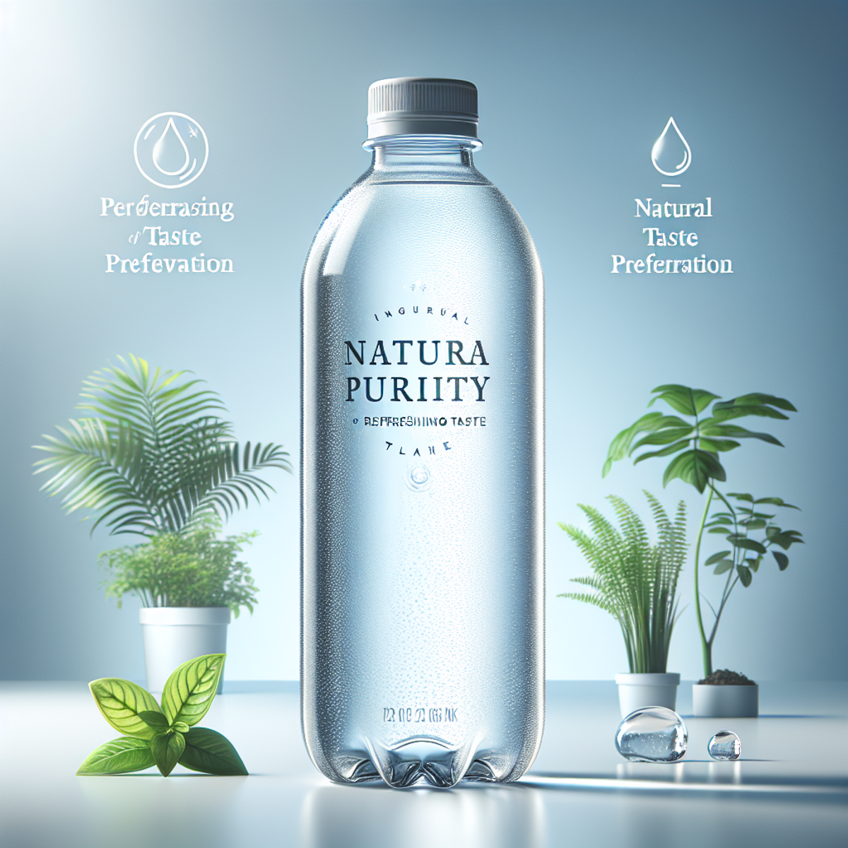 A clear glass water bottle with a sleek lid, positioned in a natural setting to emphasize purity and freshness.