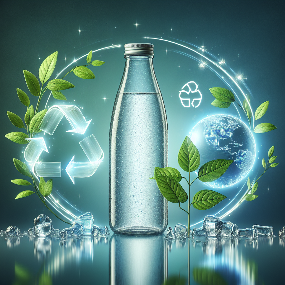 A clear, gleaming glass water bottle filled with fresh water, surrounded by a flourishing plant and a recycling symbol formed by arrows encircling the