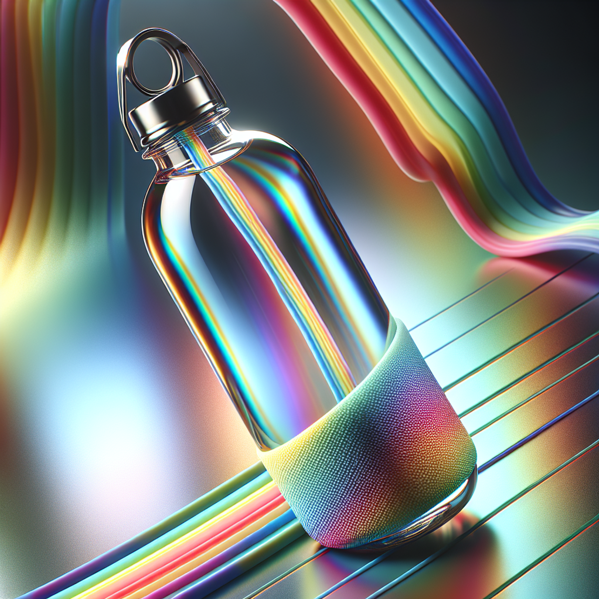 A close-up image of a translucent glass water bottle with a vibrant silicone sleeve, reflecting iridescent rainbow colors.