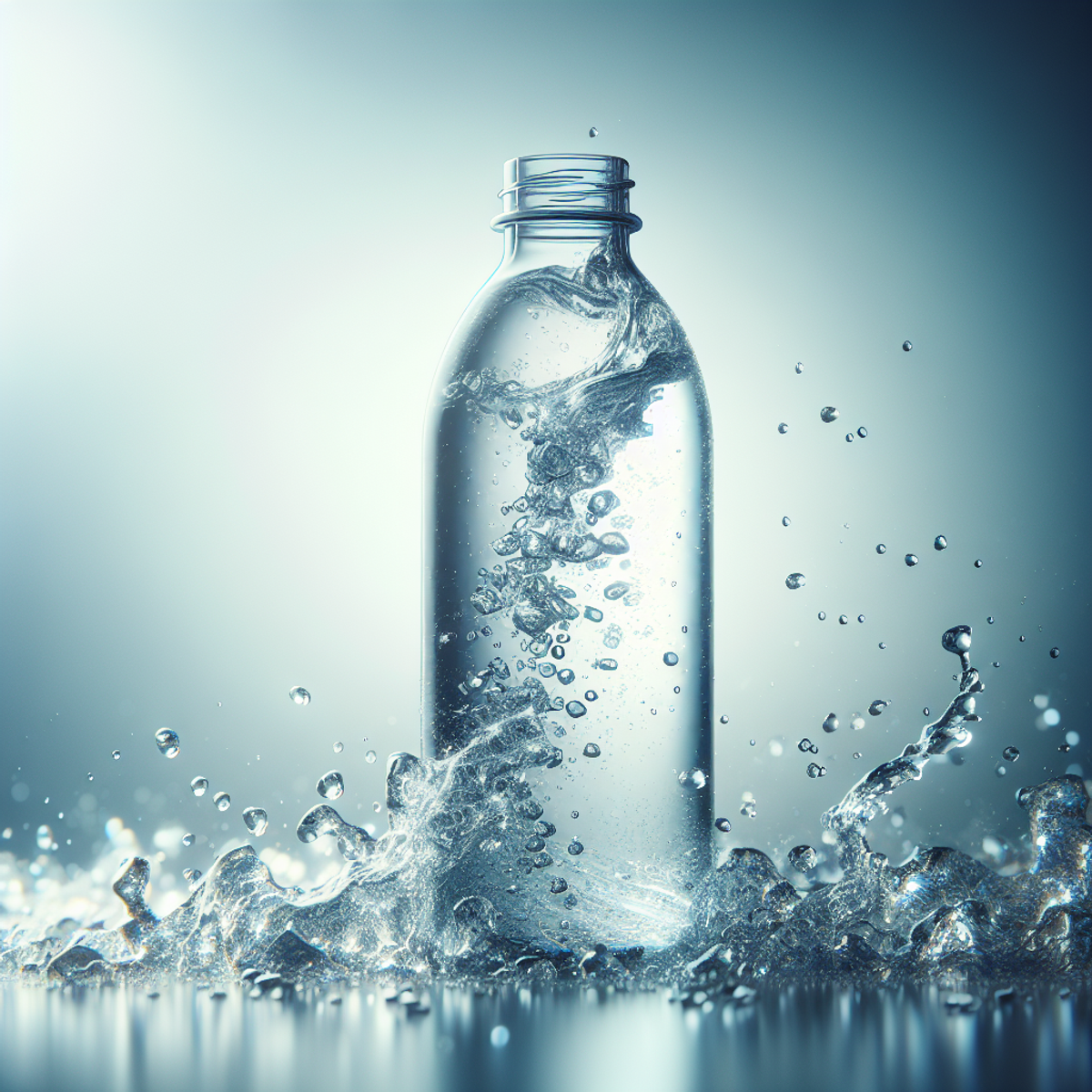 A close-up image of a transparent glass water bottle filled with crystal-clear water, sparkling under soft natural light.