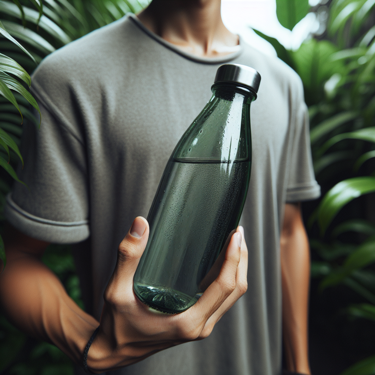 A close-up of a sleek glass water bottle held by a South Asian male against a backdrop of lush green vegetation.
