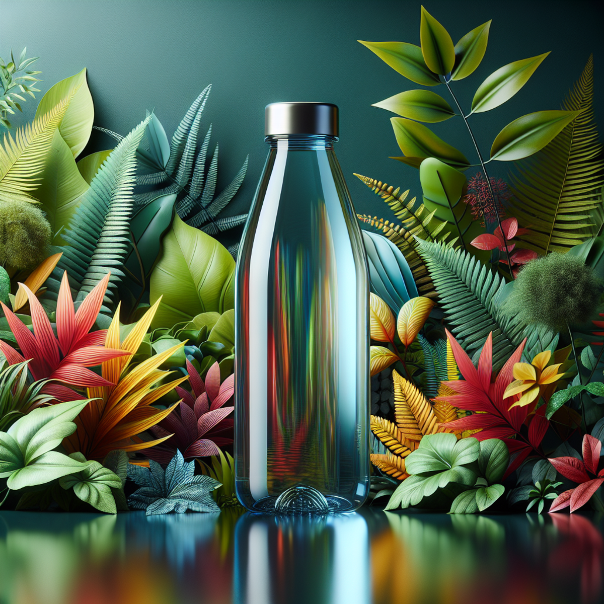 A glass water bottle surrounded by vibrant foliage.
