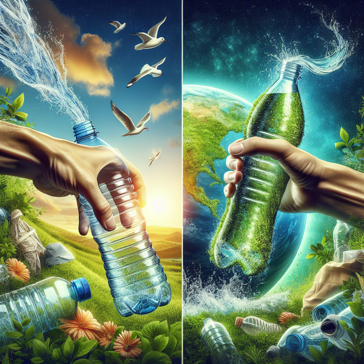 A hand is seen placing a plastic bottle on the left side, while on the right side the same hand is holding up a gleaming glass bottle. In the backgrou