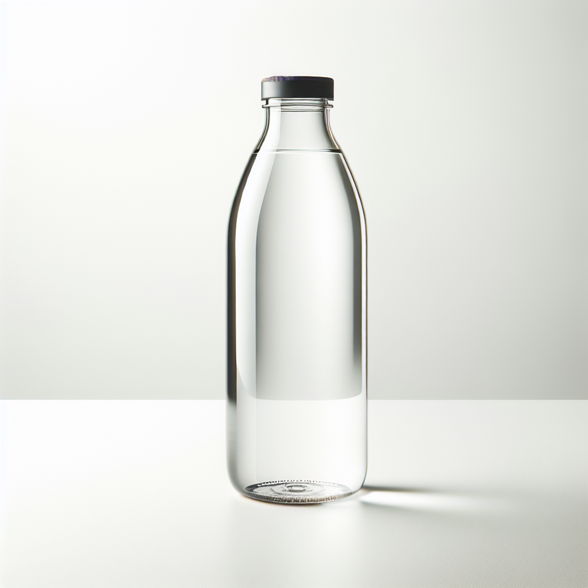A modern glass water bottle with a minimalistic design, sitting on a white backdrop.