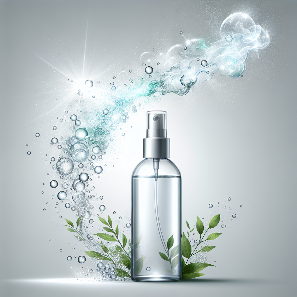 A transparent glass spray bottle emitting a burst of cleanliness and natural elements, represented by a mist of transparent water droplets and a dash