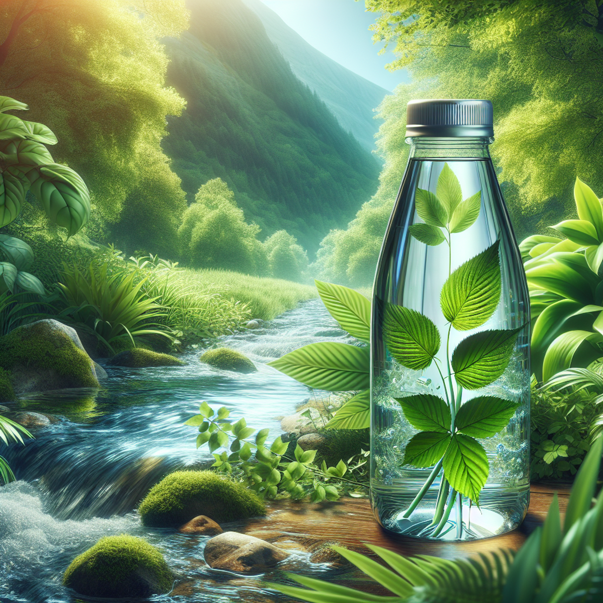A transparent glass water bottle filled to the brim, surrounded by lush green leaves and a gentle flowing stream.