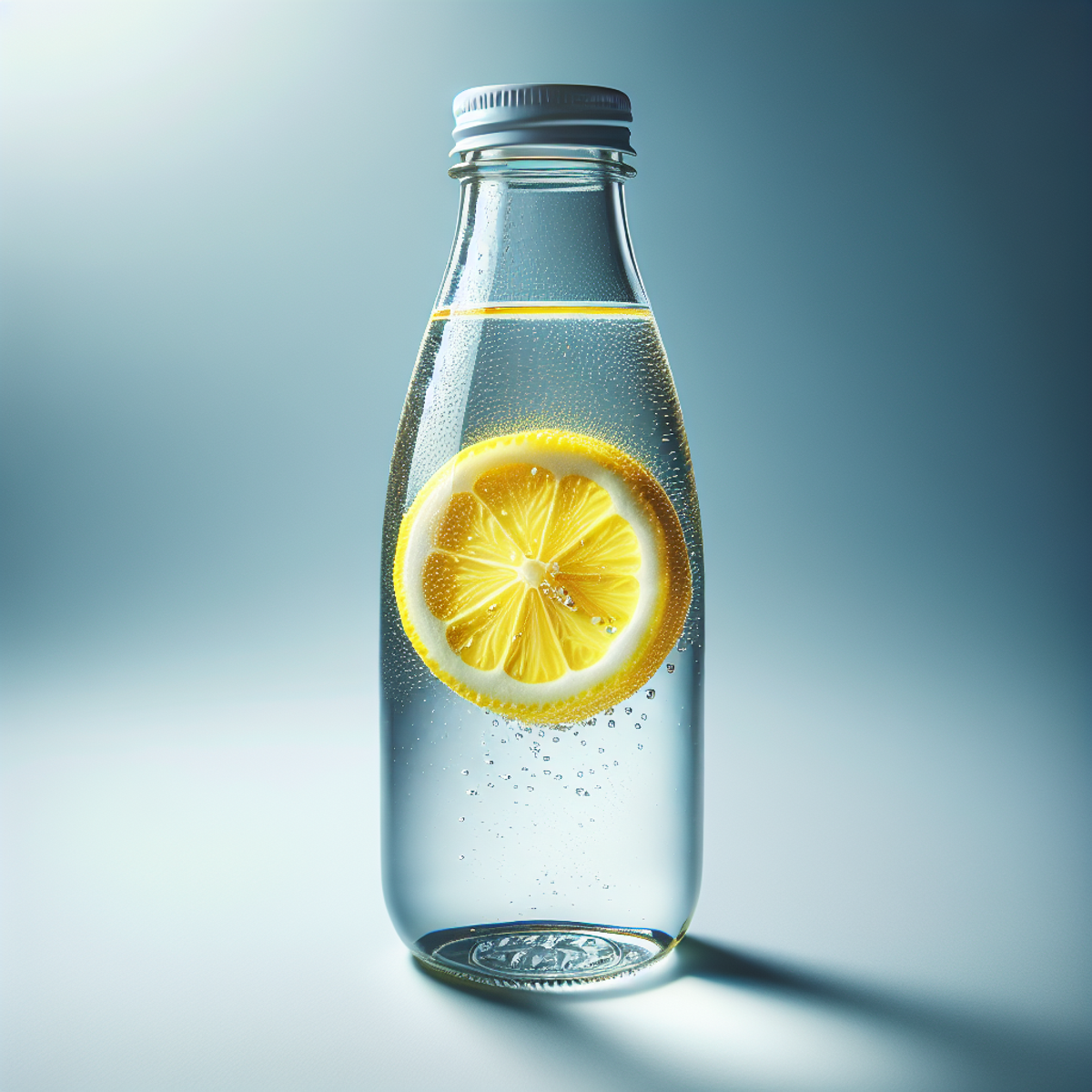 A close-up image of a clear glass water bottle filled with water and a slice of lemon floating in it, reflecting light to convey a sense of hydration and health with an eco-friendly message.