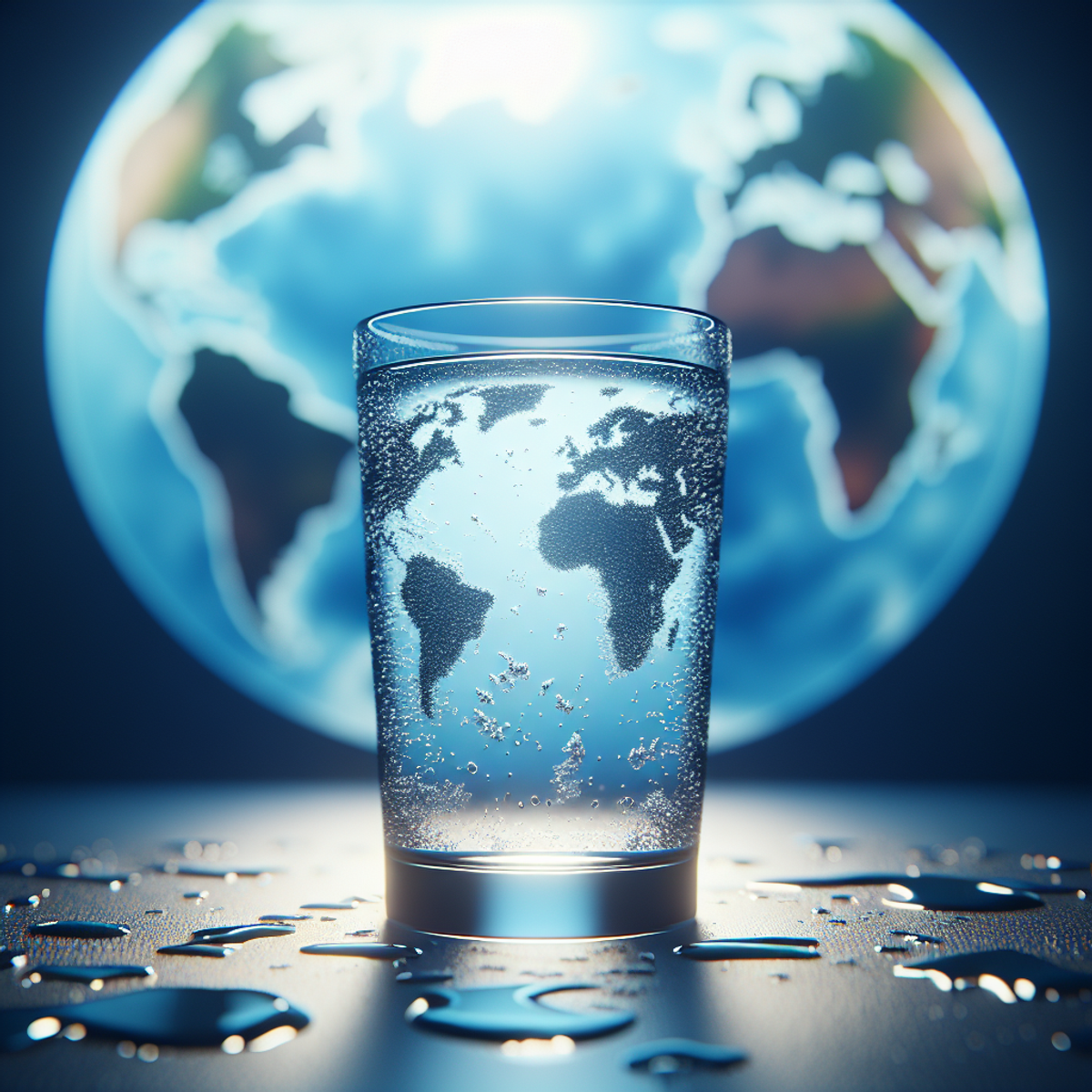 Glass of water on reflective surface with world map in background.