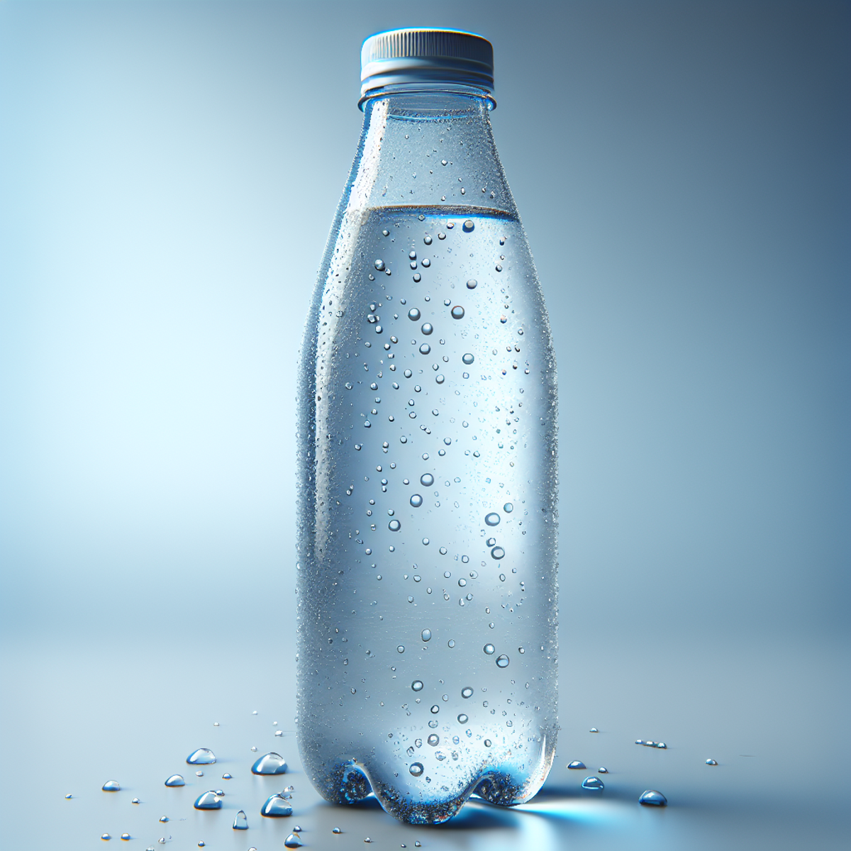 A close-up image of a svelte glass water bottle filled with cold, clear water with emphasized water droplets on the outer surface depicting coldness.