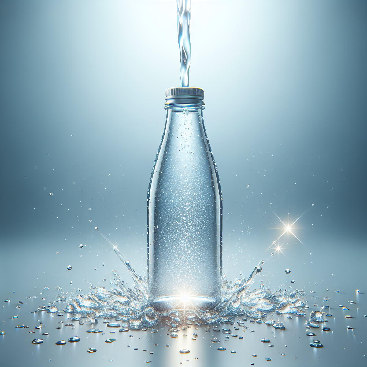 A sparkling clean glass water bottle being rinsed under a stream of water.